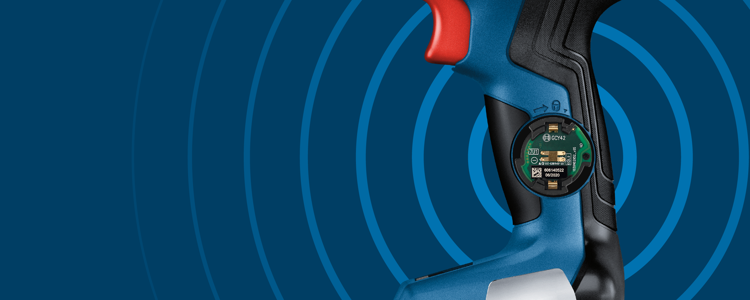 A blue Bosch Professional cordless screwdriver with a red handle on a blue background.